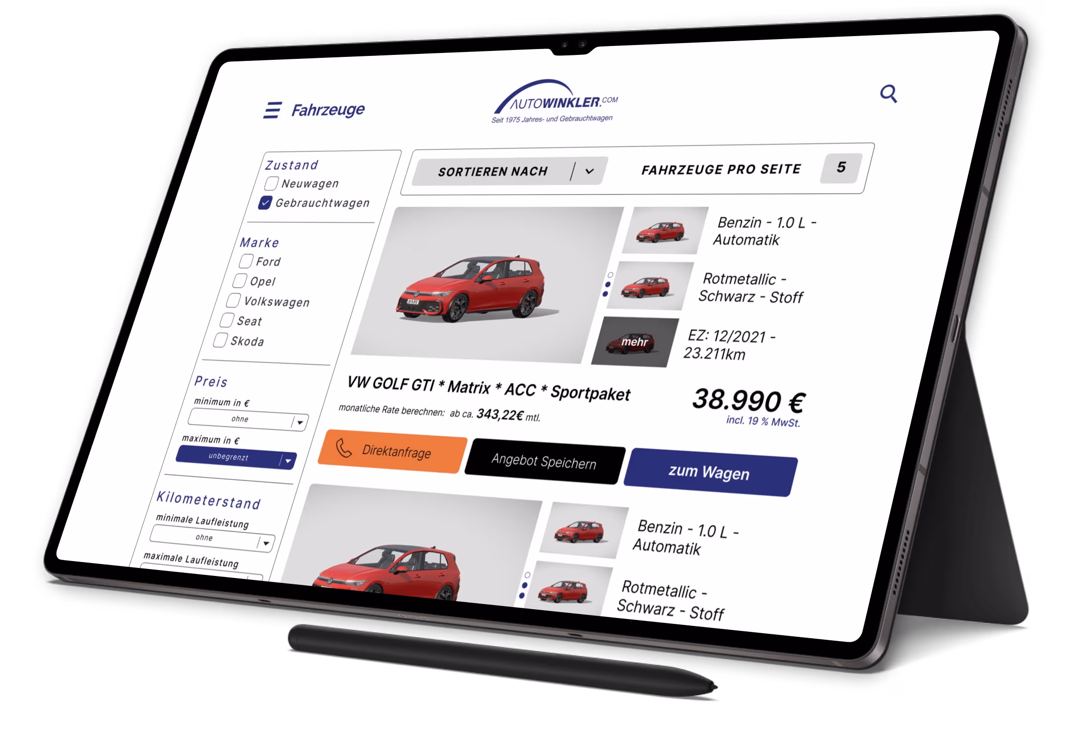 Auto Winkler Website auf Tablet